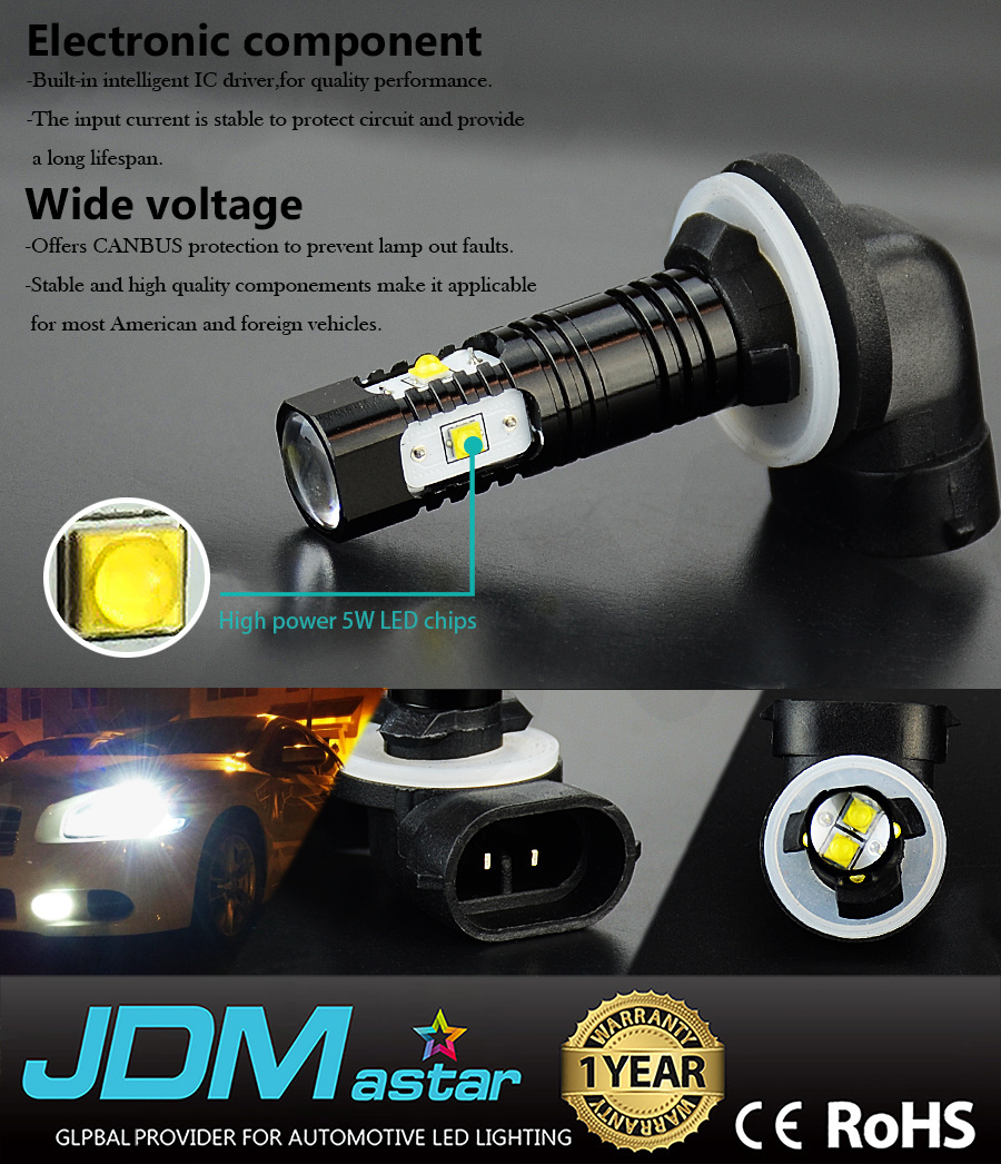 JDM ASTAR 2X 881 6000K White LED Fog Lights Driving Bulbs 886 889 894 896 H27W/2