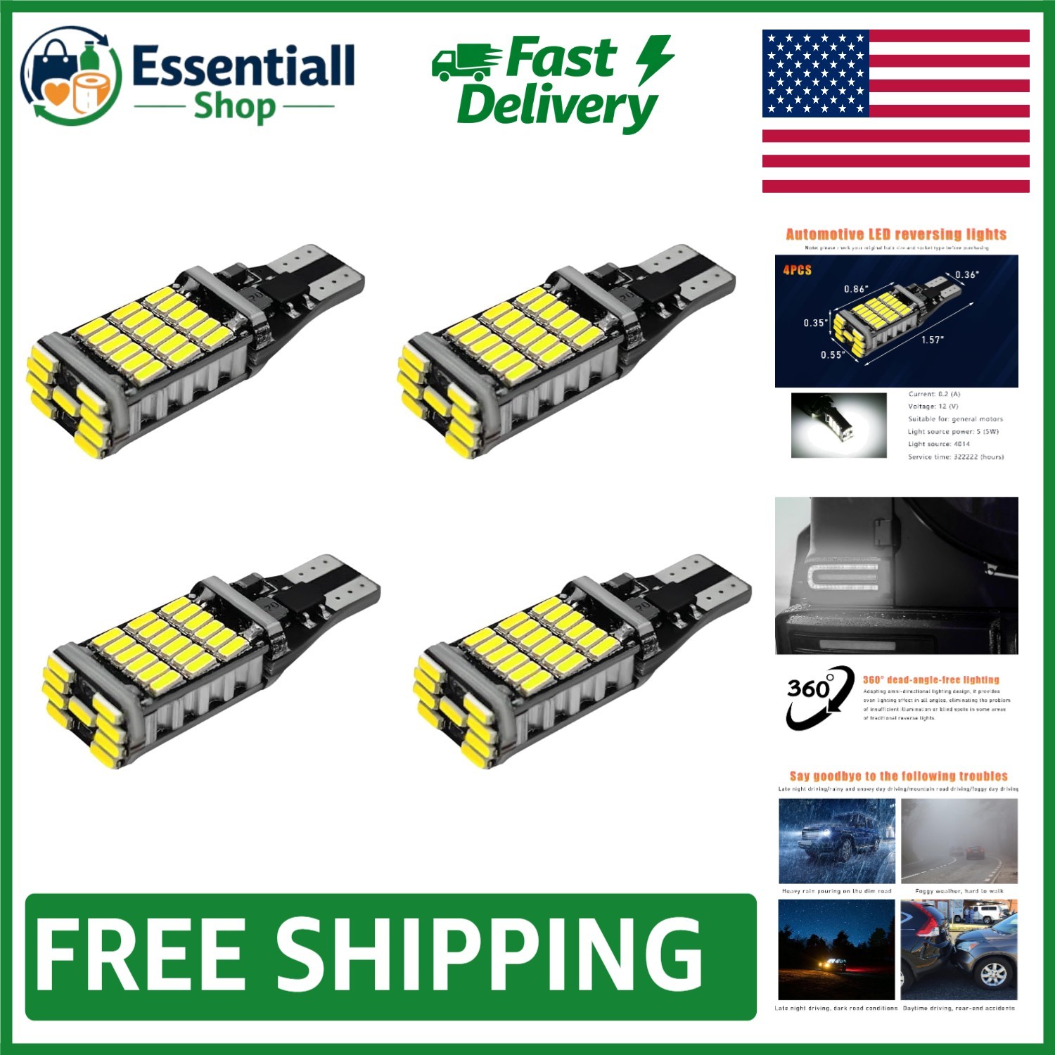 Plug-and-Play 4 PCS LED Reverse Lights – Bright 6500K with 360° Illumination