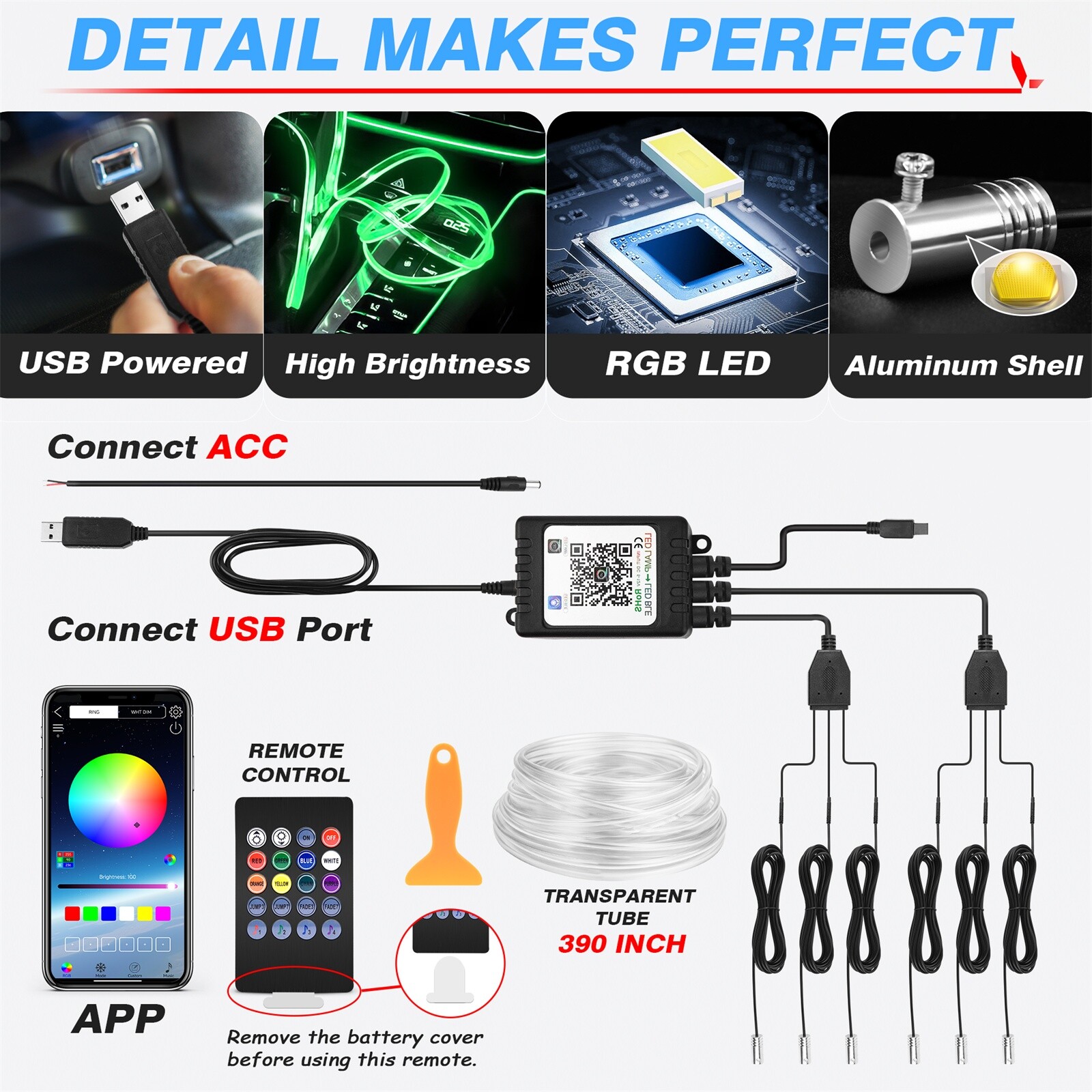 10M RGB 8 in 1 Car Light Strips SUV Car Interior Accent Decor Neon Lighting Kit