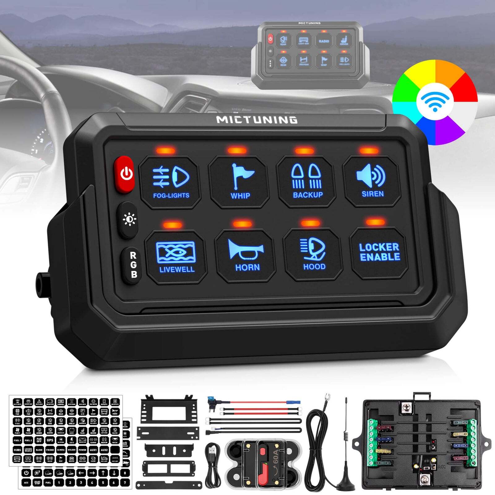 MICTUNING P1s Wireless RGB 8 Gang Switch Panel 12V Auxiliary Circuit Control Box