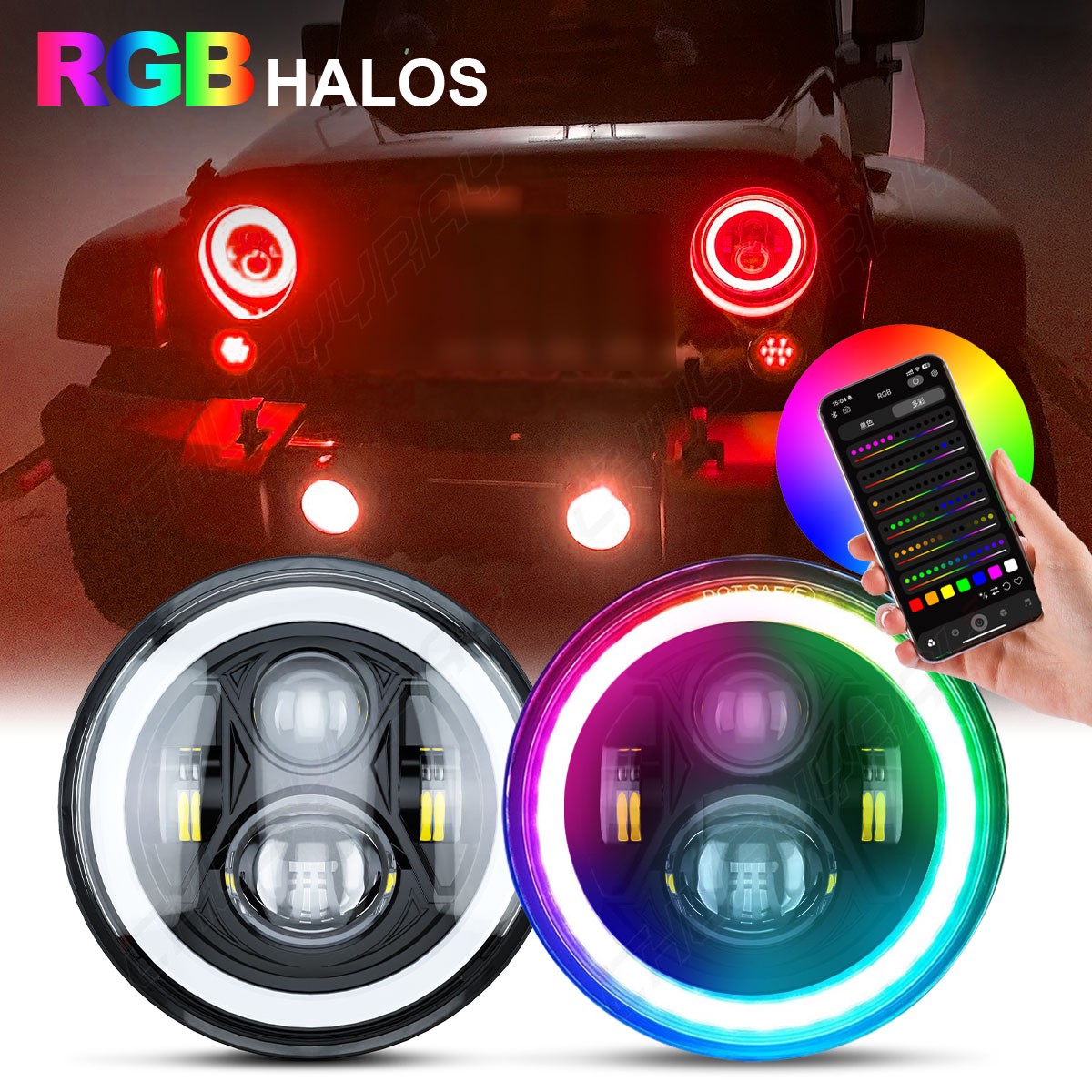 New Pair 7inch RGB LED Round Headlight Hi/Low Beam for Peterbilt 379 359 Trucks