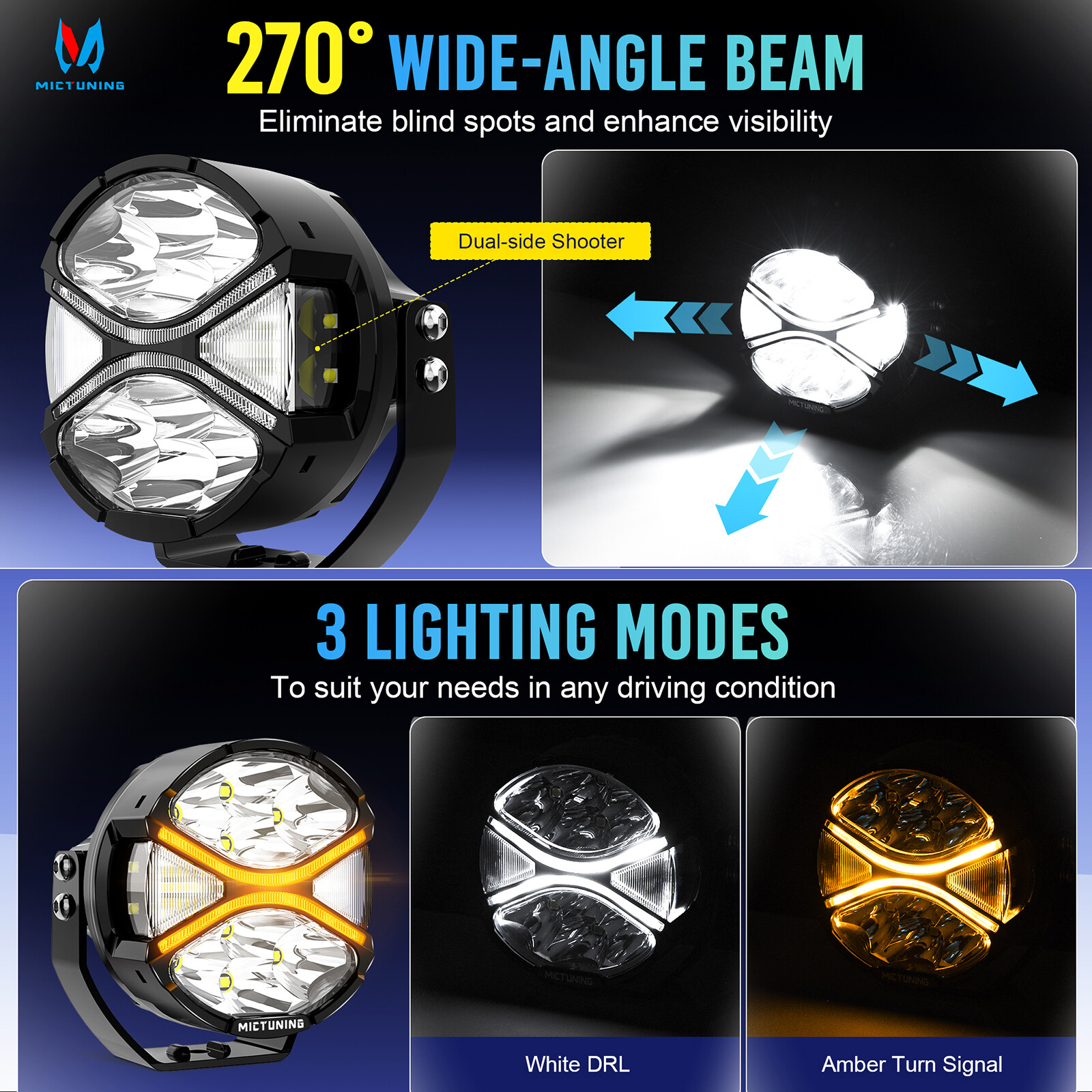 4 Inch 160W LED Round Light Pods 270° Side Shooter w/White DRL Amber Turn Signal