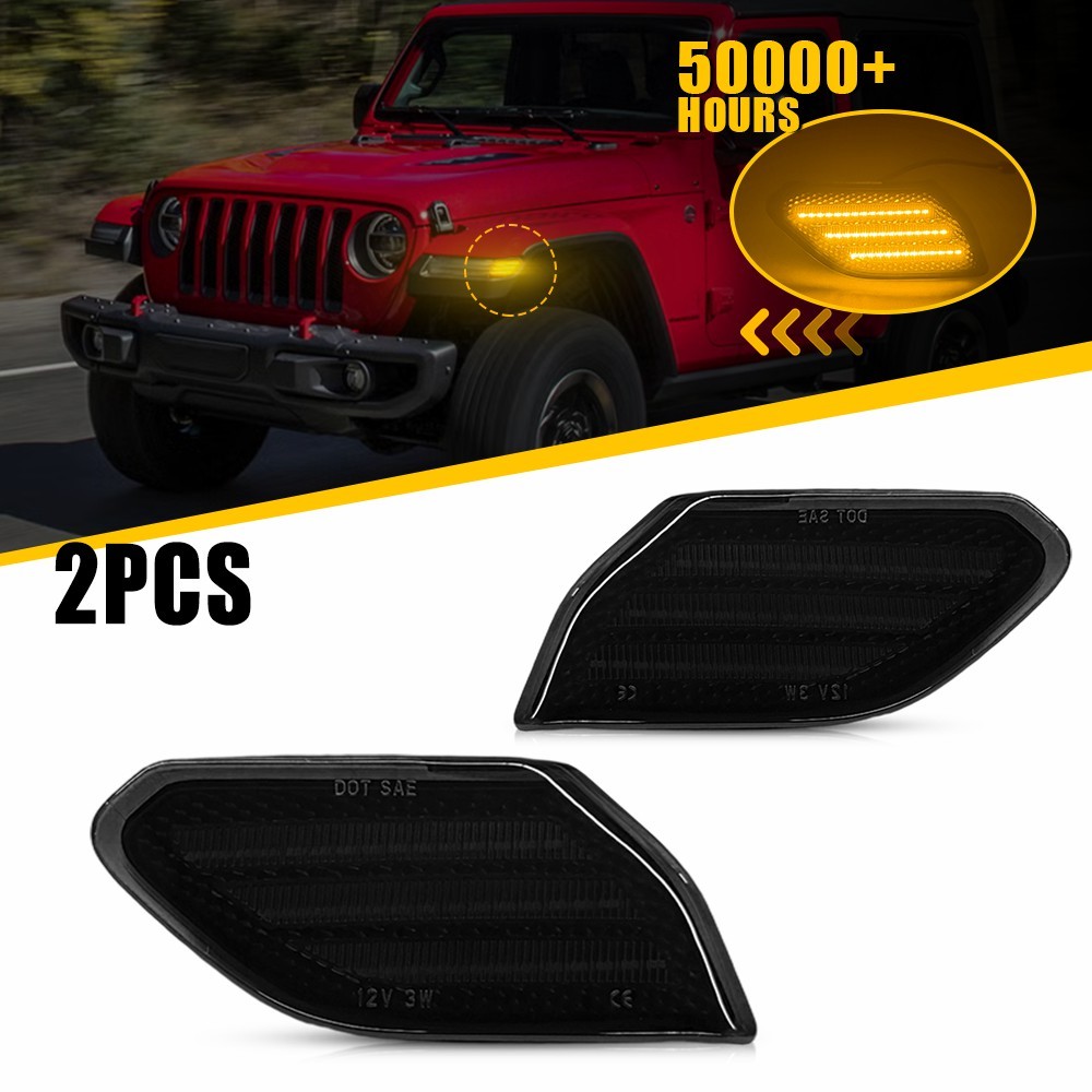 2Pcs Front Left Right Smoked LED Fender Side Marker Lights For 18+ JL / 20+ JT