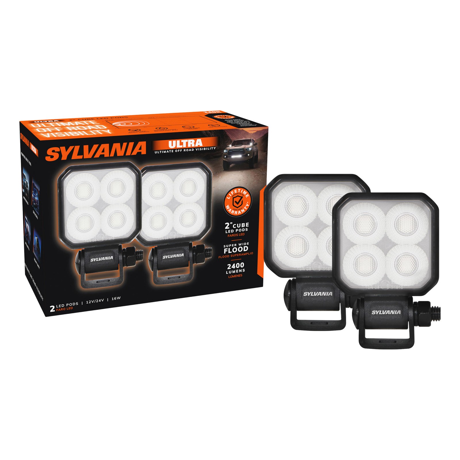 SYLVANIA Ultra 2″ Cube LED Light Pod – 2400 LM Flood Off Road 2 PC