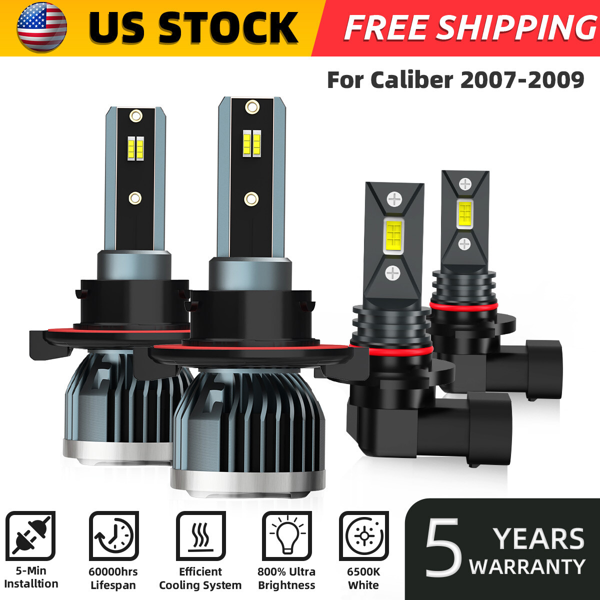 For Dodge Caliber 2007-2009 LED Headlight High/Low Fog Light Bulbs 6000k 4PCS