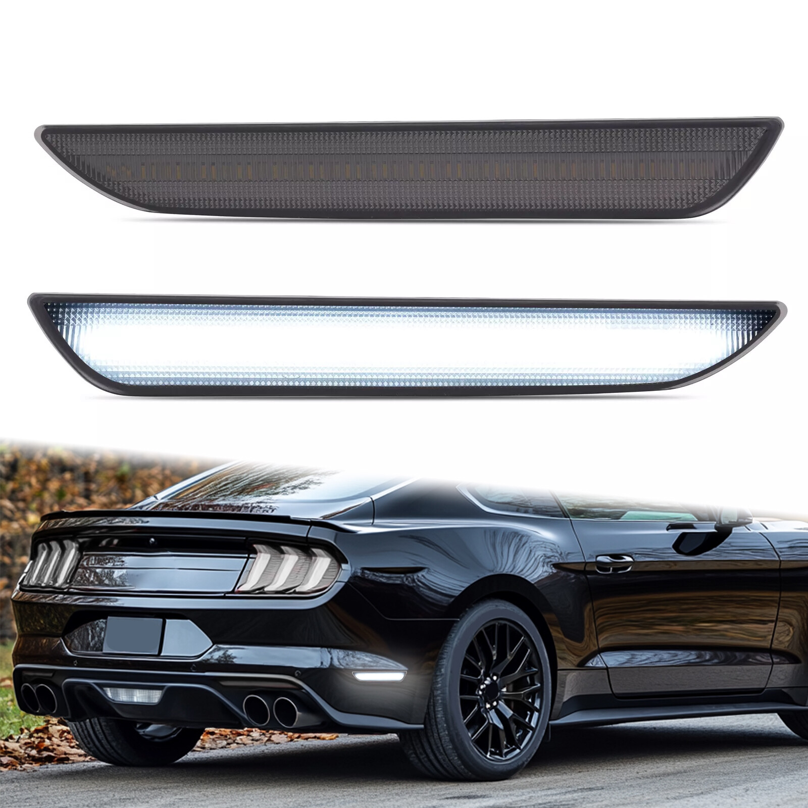 2PCS White LED Side Marker Lights Rear For Ford Mustang 2015-2023 Smoked Lens