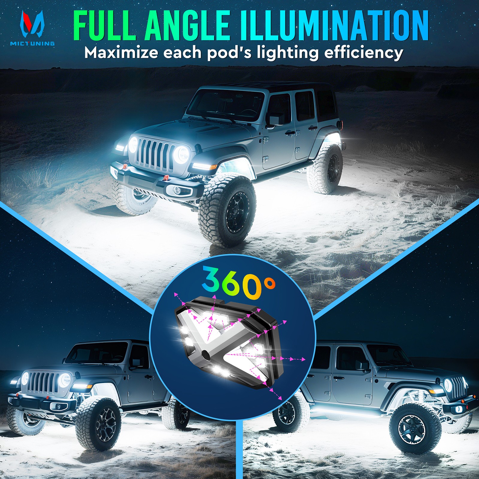 MICTUNING RGB Rock Lights 4 Pods Underglow Underbody Neon Lights for Truck ATV