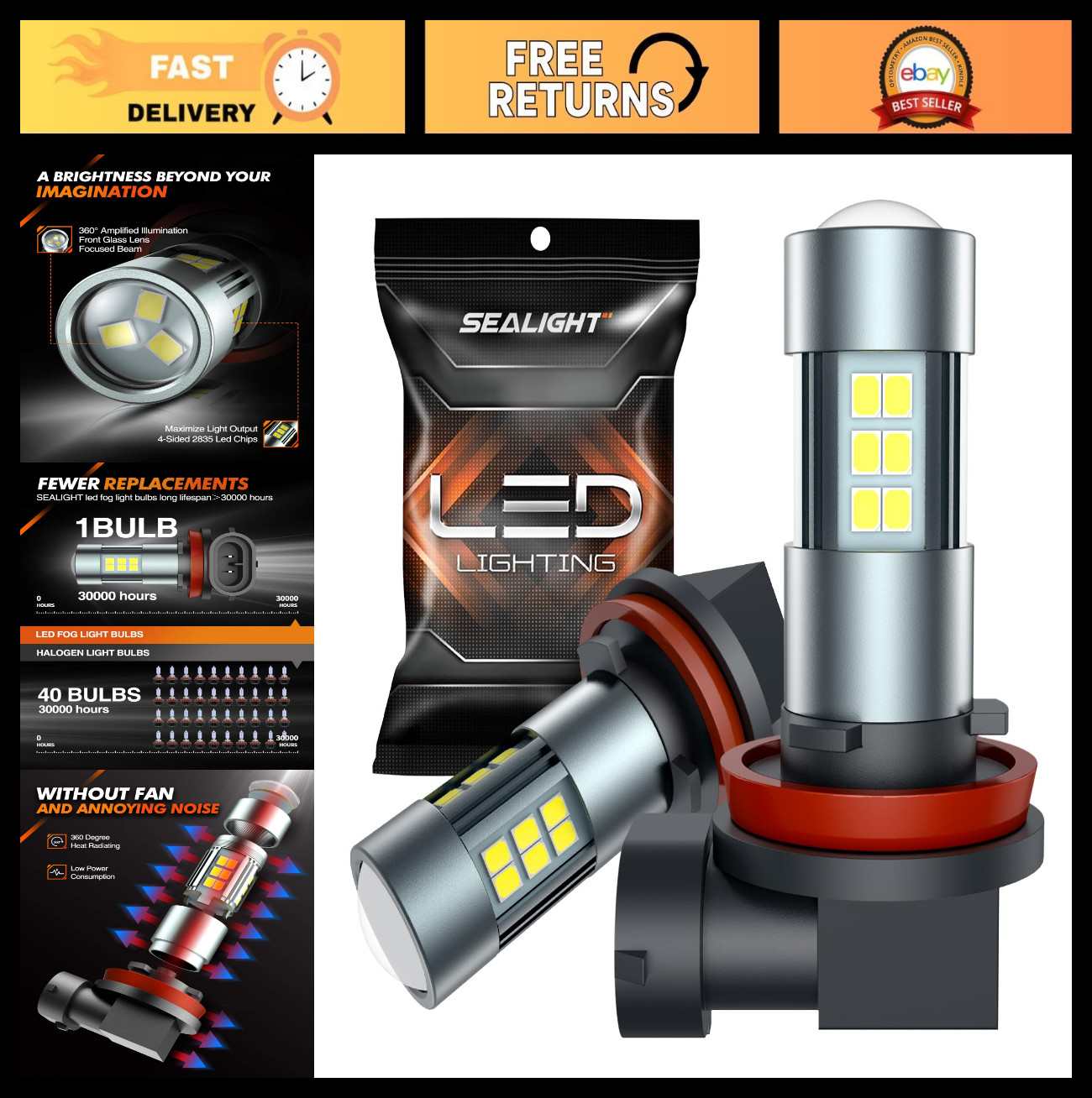LED Fog Light Bulbs H11 H8 H16 – 360° Illumination, 6000K, 400% Brightness, Pack