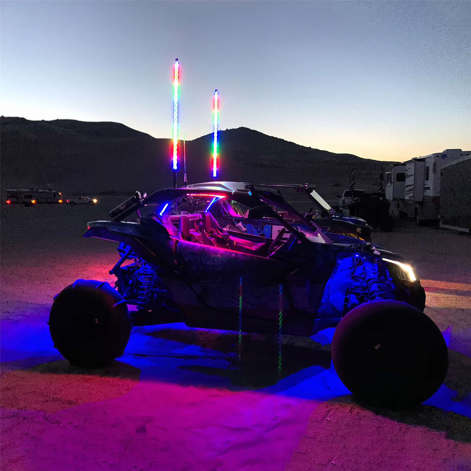 1Pair 3ft/4ft RGB-IC LED Whip Lights 360° Antenna Flow Lamp w/Remote For UTV ATV