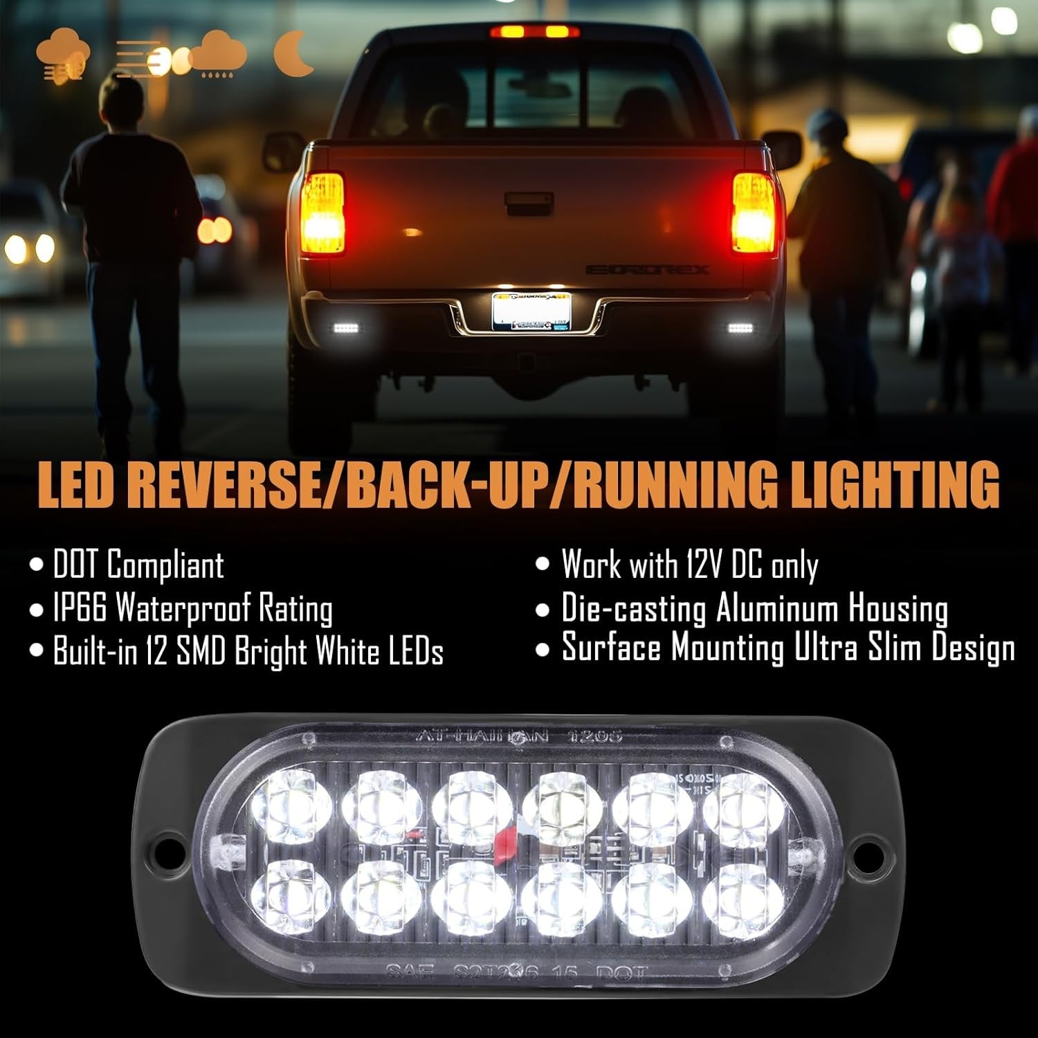 2 Pack White LED Reverse Backup Lights Waterproof Surface Mount DOT Compliant