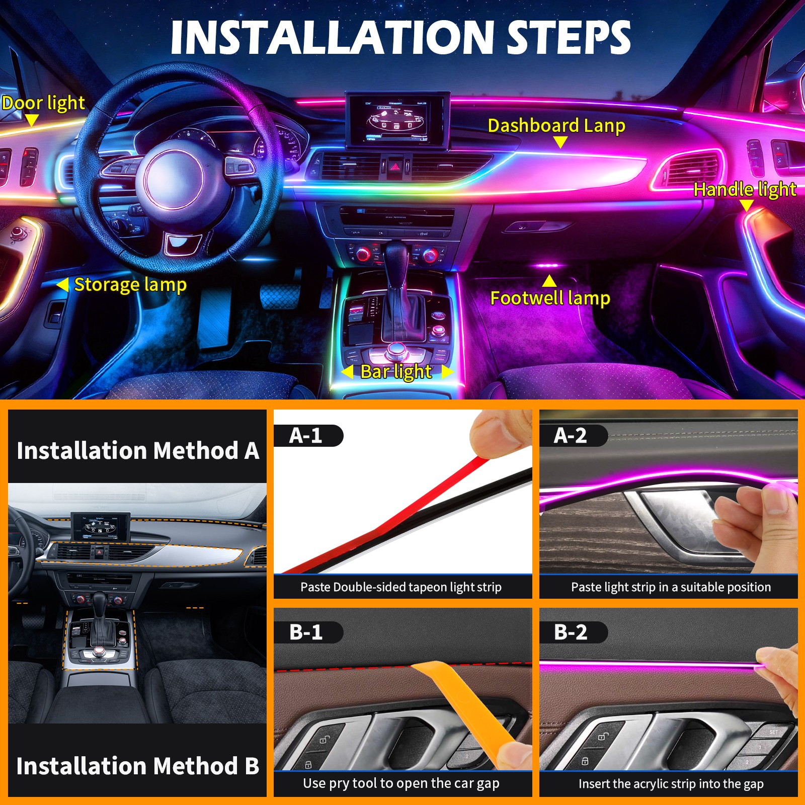 LED Interior Acrylic Strip Light APP-Control Ambient For Tesla Model 3 S X Y