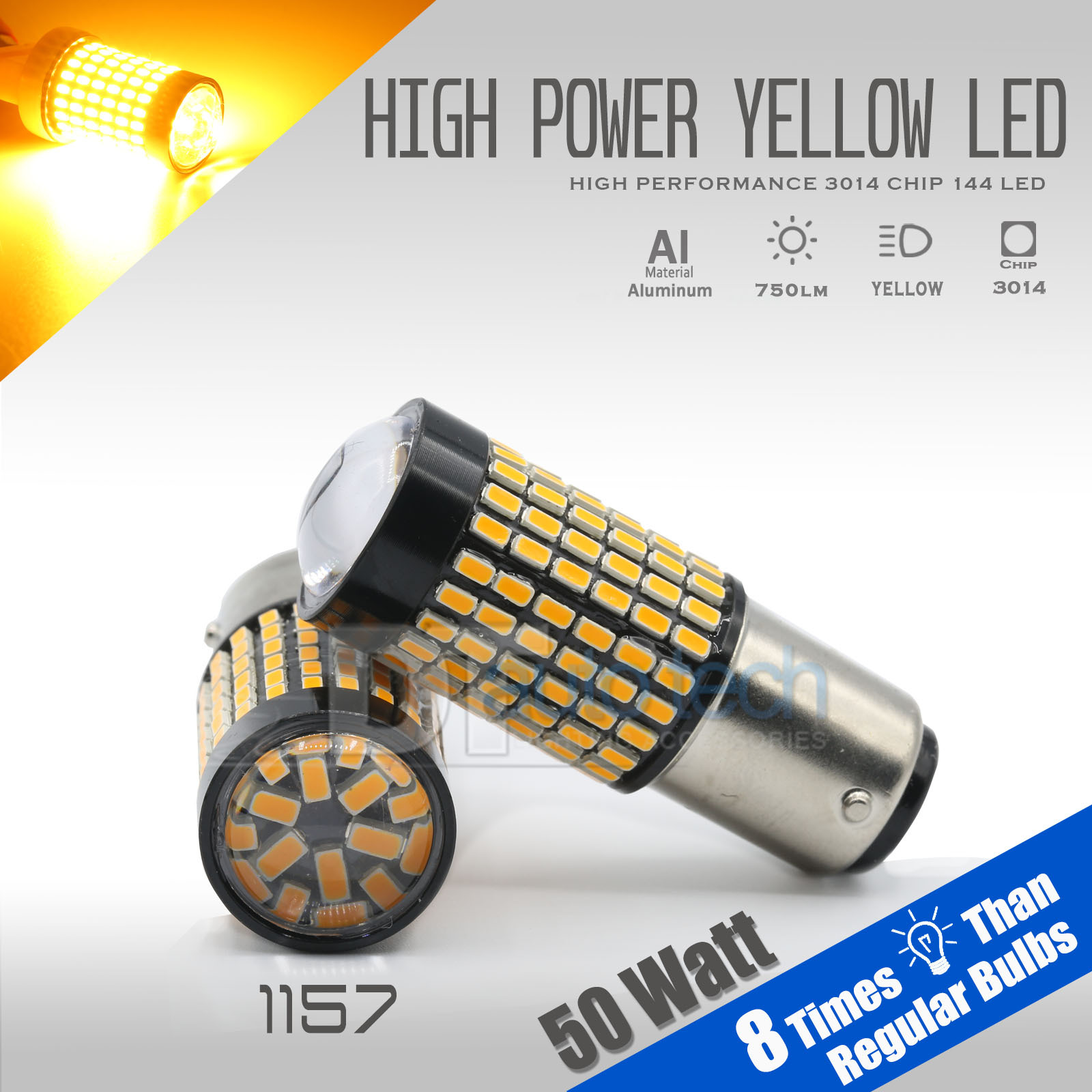 2X 750 LM 1157 50W High Power LED Yellow Amber Front Turn Signal Lights Bulbs
