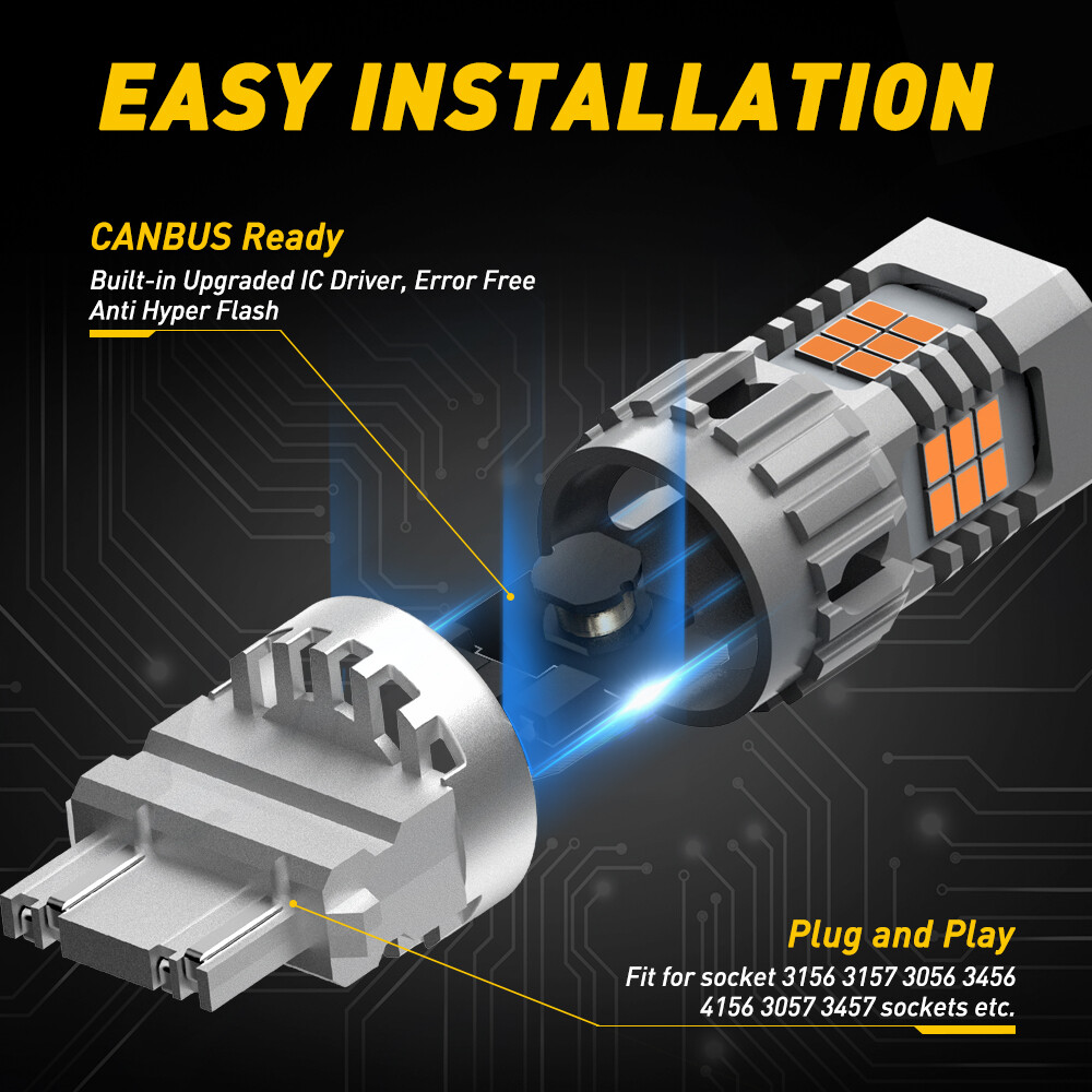 2PCS LED Canbus 3157 Turn Signal Light 3000K Amber Bulbs Error Free Anti Flicker