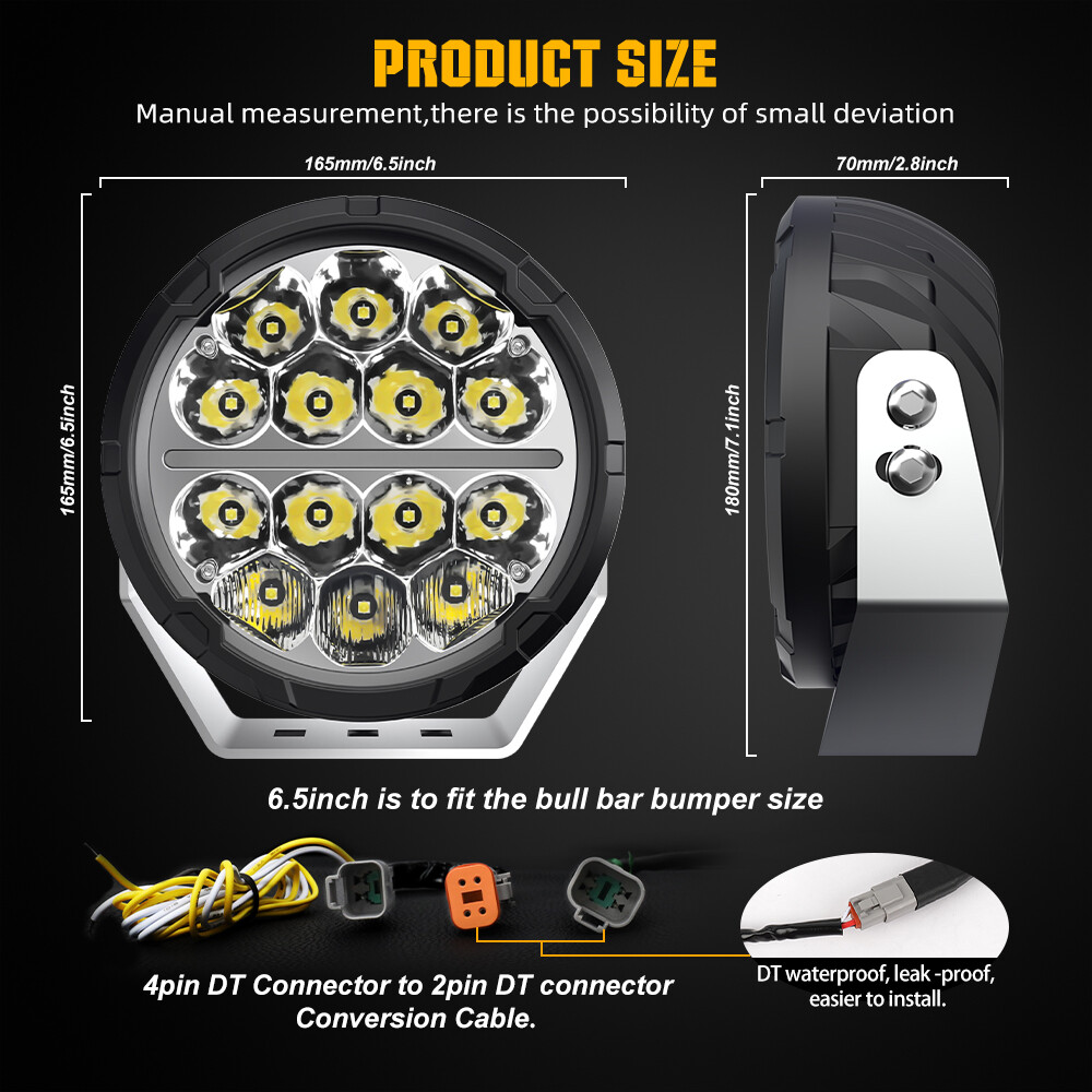 2x 6.5″ Round LED Driving Lights Spot Flood Combo Beam Offroad White Amber DRL
