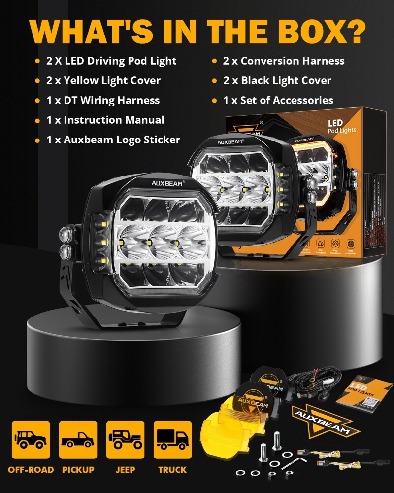 2X AUXBEAM 5″ 174W LED SIDE SHOOTER POD LIGHTS WHITE DRL&AMBER TURN SIGNAL LIGHT