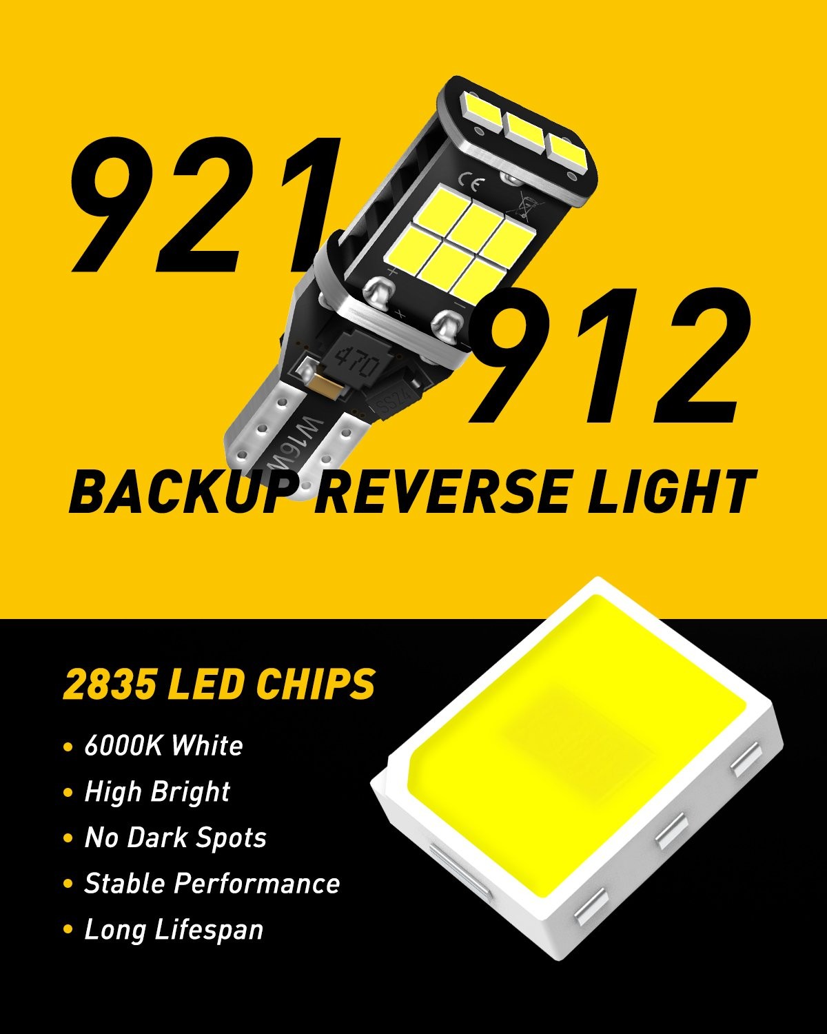 921 LED Reverse Back Up Light Bulb 912 W16W 904 906 T15 Super White 6000K 2400LM