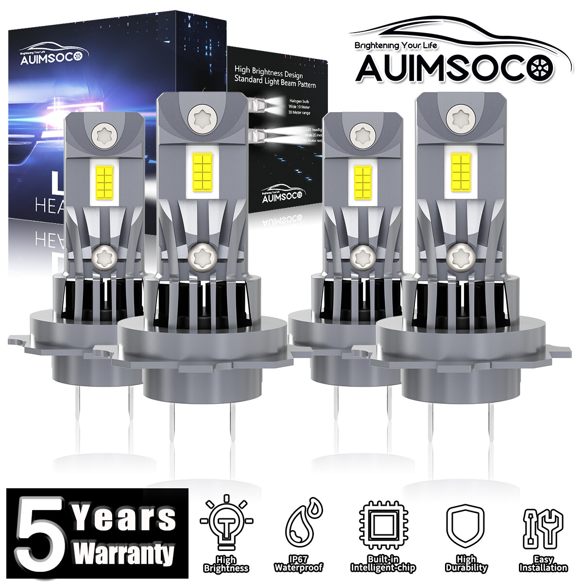 LED Headlight H7 High Beam + H7 Low Beam 72000LM Super Bright 6500K Hi/Lo Beam