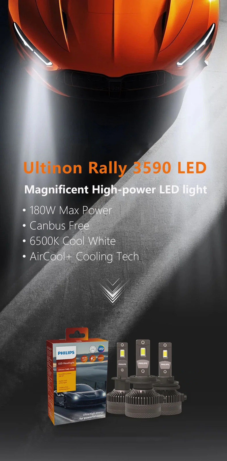 Philips Ultinon Rally 3590 H4/H19 Car LED Headlight Globes 180W 15000LM 6500K