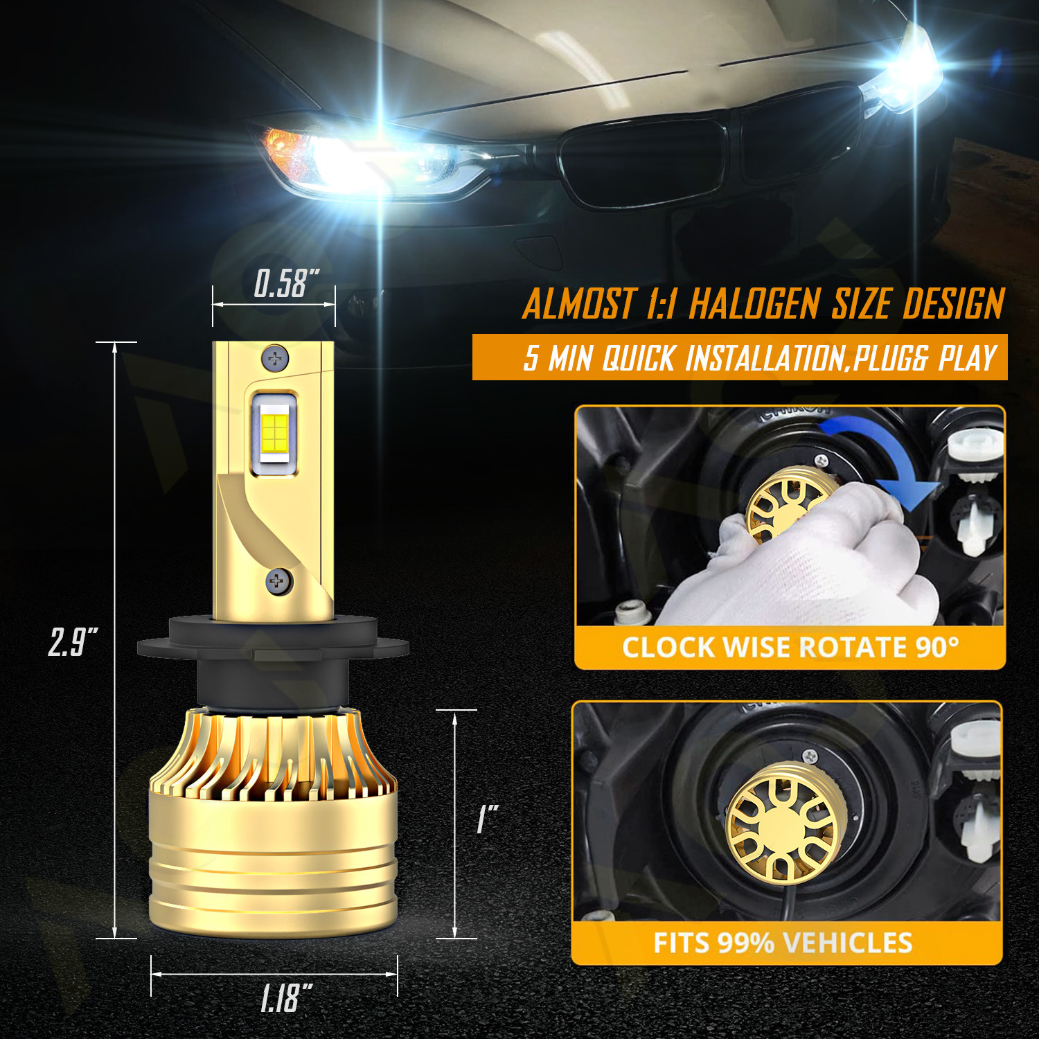 For Smart Fortwo 2008-2015 Pair H7 LED WHITE Headlight High Low Beam Bulbs