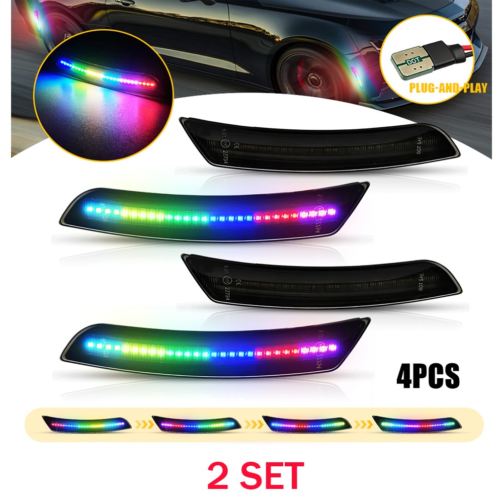 For 2016-2023 Camaro Smoked Housing Colorful Flowing LED Side Marker Lights 8PCS