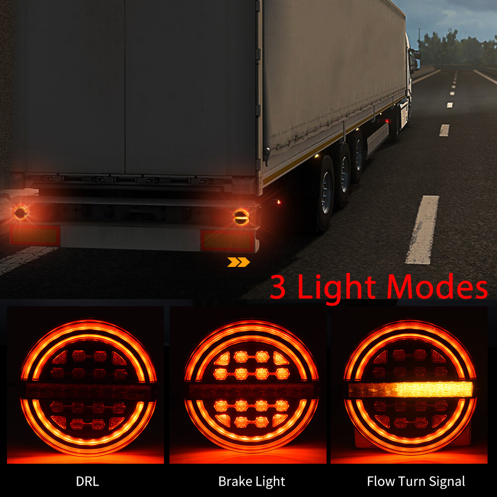 Pair 5.3″ Round LED Trailer Light Brake Lamp DRL Flow Amber Turn Signal Lamp Kit